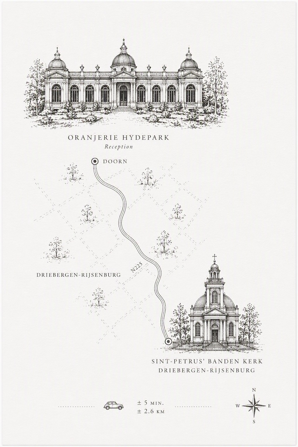 Illustrated map showing the route from Sint-Petrus' Banden Kerk in Driebergen-Rijsenburg to Oranjerie Hydepark in Doorn, via the N225